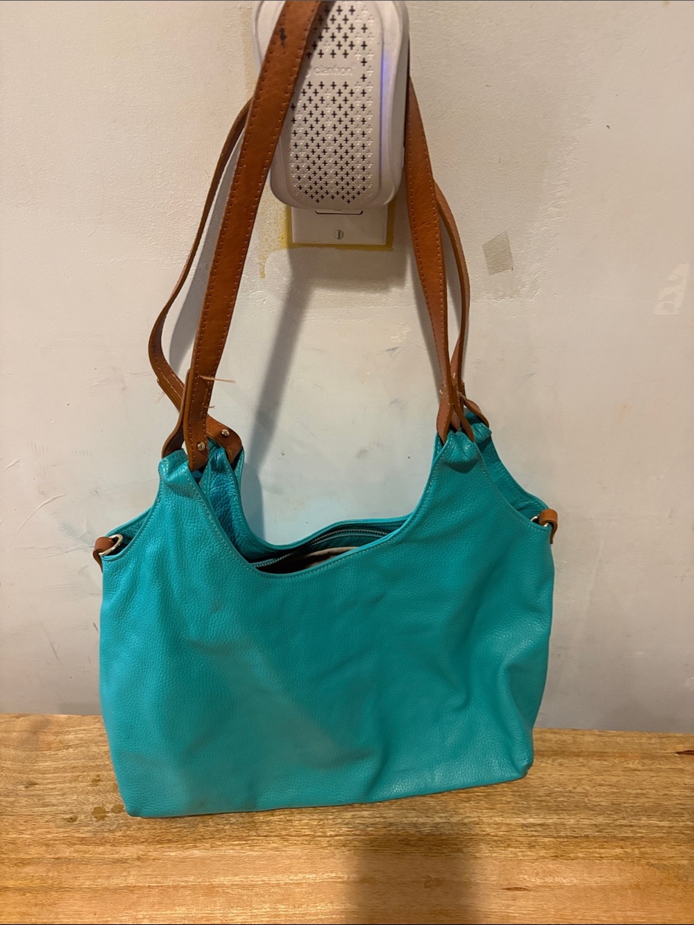 Valentina Teal Leather Shoulder Tote with Brown Straps